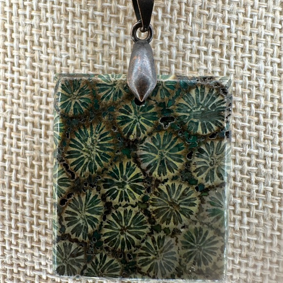 Green and Brown Coral Fossil Square Pendant Necklace on Brown Rope - Picture 5 of 12
